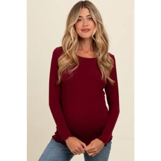 PinkBlush Burgundy Ribbed Knit Long Sleeve Lettuce Hem Maternity Top image {5}