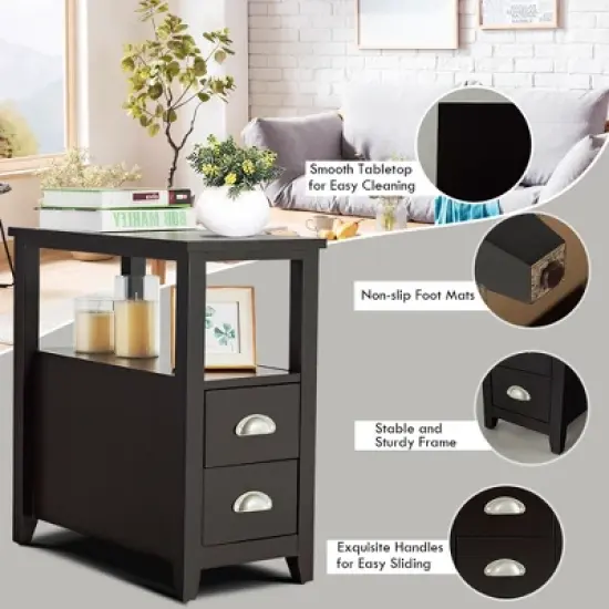 Costway End Table Space-Saving Rectangular Bedside Table W/ 2 Drawers & Shelf Espress image {7}