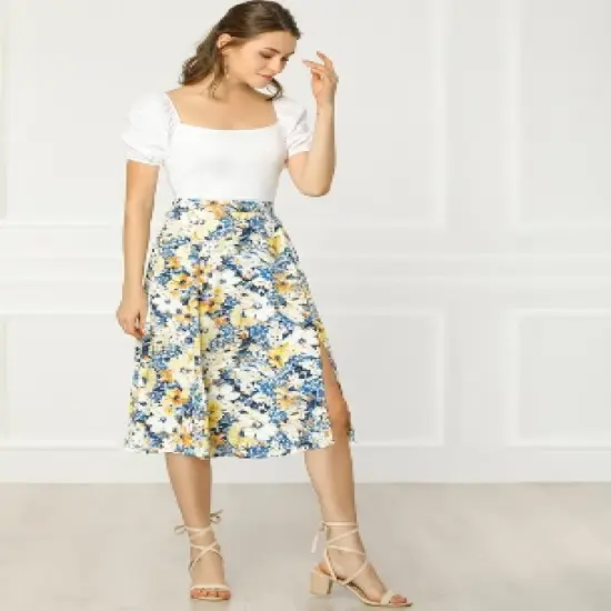 Allegra K Women's Boho Floral High Waist Split A Line Midi Skirt image {2}