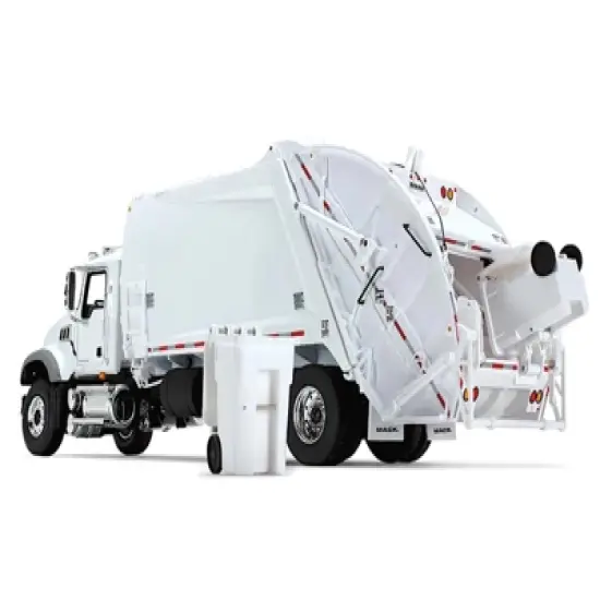 Mack Granite MP Refuse Garbage Truck with McNeilus Rear Loader & Trash Bins White 1/34 Diecast Model by First Gear image {2}