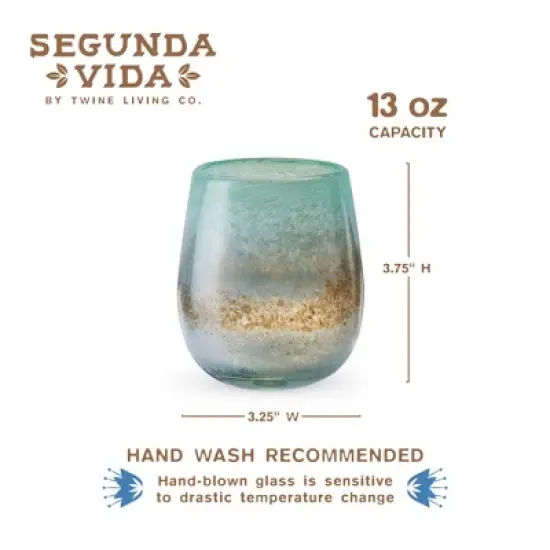Twine Living Playa Bonita Stemless Wine Glasses, Recycled Drinking Glass, Coastal Inspired Sea Blue and Sand Design, 13 oz, Set of 2 image {2}