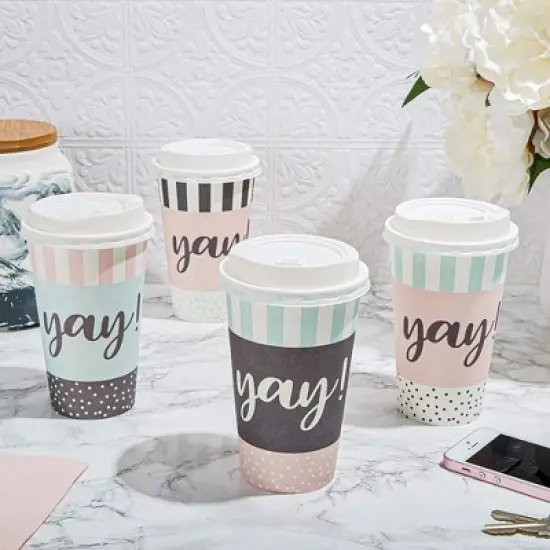 Blue Panda 48 Pack Disposable 16oz Coffee Cups with Lids, 4 Assorted Yay Designs image {1}