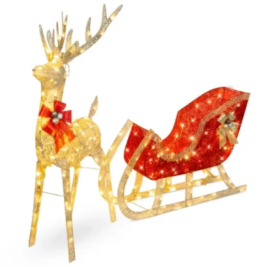 Best Choice Products Lighted Christmas 4ft Reindeer & Sleigh Outdoor Yard Decoration Set w/ 205 LED Lights, Stakes image {7}