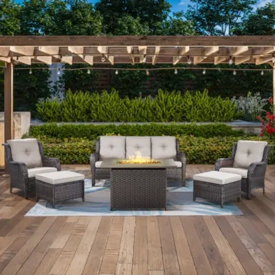 POCASSY 6-Piece Outdoor Furniture Set with 50000BTU Propane Fire Pit, All Weather Wicker Patio Fire Pit Table Set with 3-Seater Sofa and Club Chair image {12}