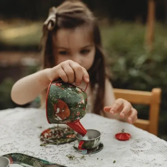 HearthSong 15-Piece Woodland-Themed Tin Tea Set for Kids With Carrying Case image {7}