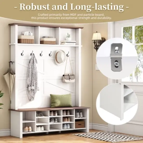 TiramisuBest Farmhouse Hall Tree with Bench, 6 Hooks, Adjustable Shelves & 16 Open Compartments - Entryway Organizer for Mudroom/Living Room (White) image {4}