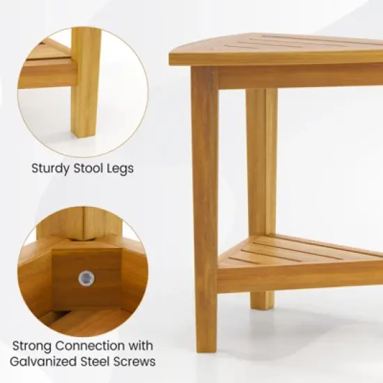 Tangkula Shower Stool Teak Wood Corner Bath Stool w/ Storage Shelf Shower Seat Chair image {6}
