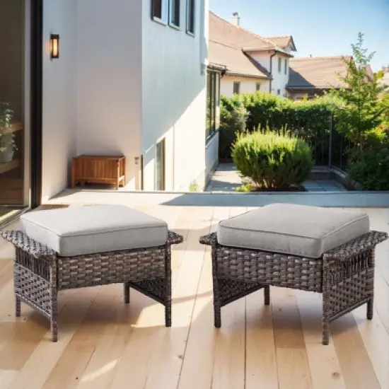 Gymojoy 2 Pieces Outdoor Patio Rattan Ottomans with cushions image {8}