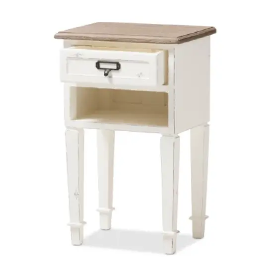 Dauphine 1 Drawer Provincial Style Oak and Distressed Finish Wood Nightstand White - Baxton Studio image {1}