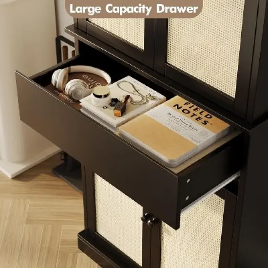 69" Freestanding Pantry Cabinet - Tall Kitchen Storage with Rattan Doors, Adjustable Shelves & Drawer for Living Room or Dining Room image {4}