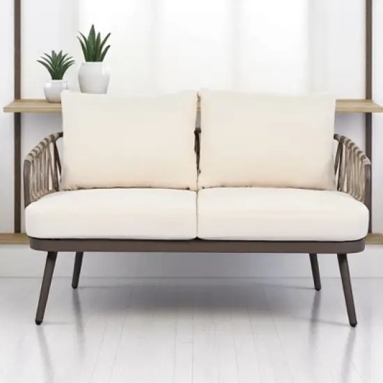 4-Piece Outdoor Conversation Set with Woven Rope U-Shaped Backrest, Acacia Wood Coffee Table, Water-Repellent Cushions image {13}