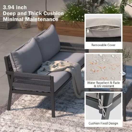 Sapphtopaz 4-Piece Boho Outdoor Patio Sofa Set with Tempered Glass Table, Outdoor Sofa Set with Cushions, Rope Patio Furniture Set image {4}