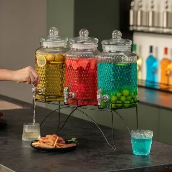 Basicwise 3-Piece Glass Drink Dispenser Set with Metal Stand and Stainless Steel Spigot - Beverage Dispensers for Lemonade, Juice, Water, and Punch image {3}