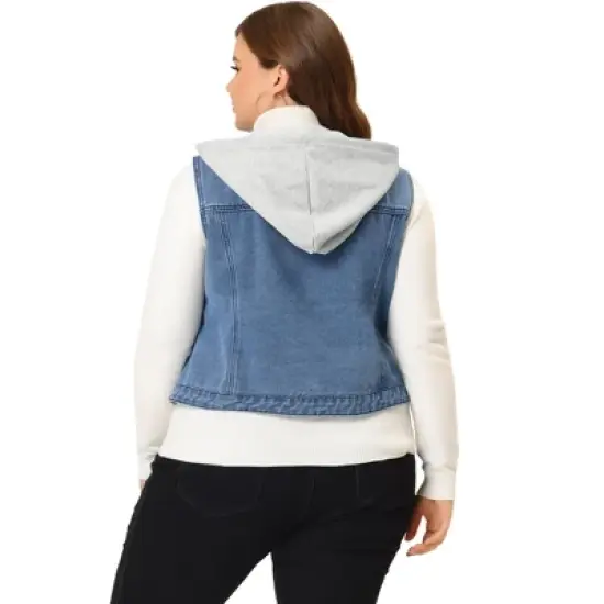 Agnes Orinda Women's Plus Size Button Down Drawstring Hood Denim Utility Jacket with Pocket image {3}