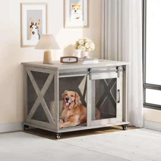 ODK 37" Dog Crate, Farmhouse Dog Crate Furniture with Sliding Barn Door, Flip Top Wooden Dog Kennel End Table, Indoor Dog Cage House for Medium Dogs image {10}