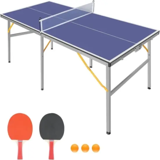 DSVIMOY Portable Ping Pong Table, 6ft Compact Foldable Table Tennis Table Set with Net, 2 Paddles & 3 Balls for Indoor Outdoor, Blue, 72"*36"*30" image {5}
