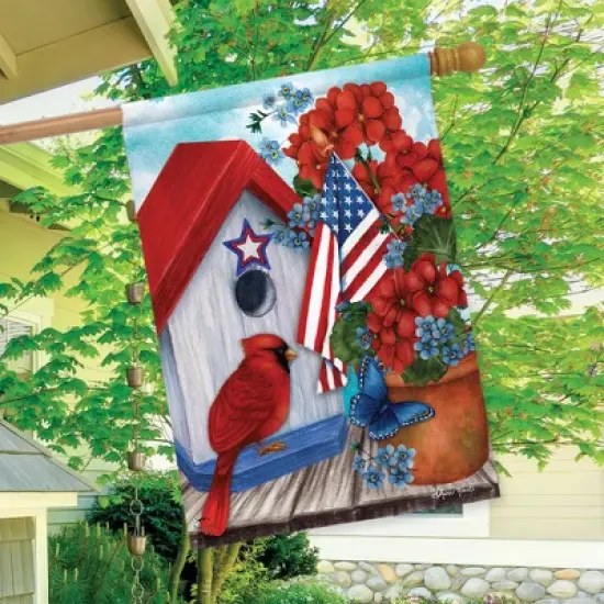 American Cardinal House Flag Patriotic Floral Birds 28" x 40" Briarwood Lane image {2}