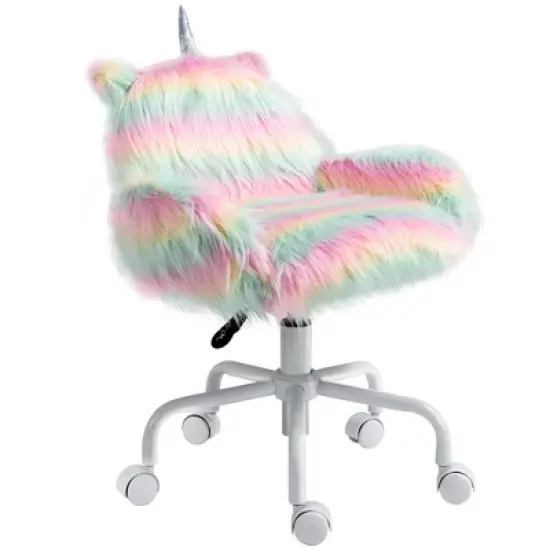 HOMCOM Fluffy Unicorn Office Chair with Mid-Back and Armrest Support, 5 Star Swivel Wheel White Base, Rainbow image {3}