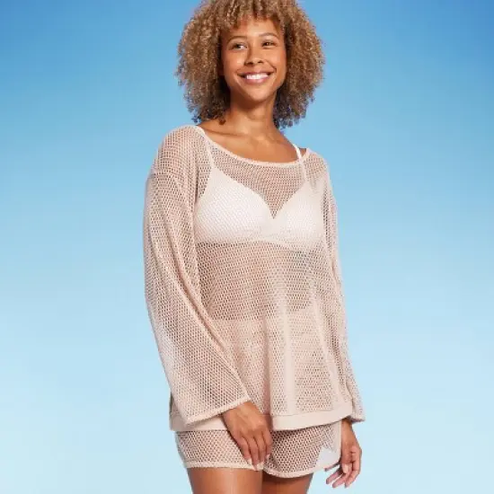 Women's Long Sleeve Crochet Cover Up Sweater - Shade & Shore&trade; Light Brown image {2}