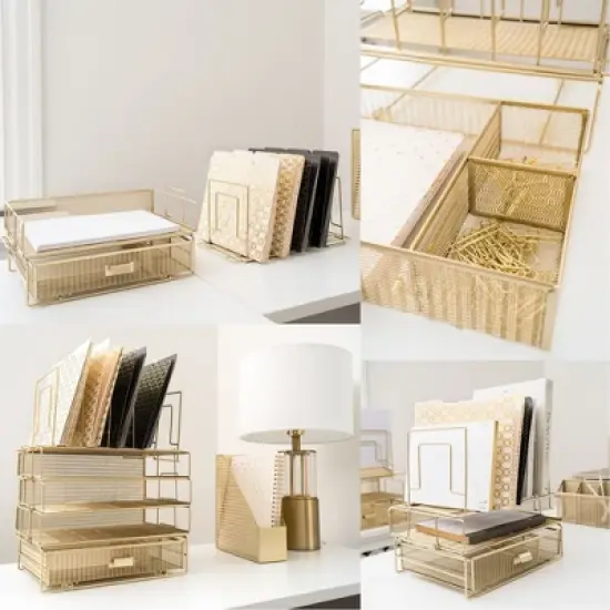 Blu Monaco Gold Desk Organizer - Includes Detachable File Organizer, Stackable Paper Tray & Drawer, Office Supplies for Desk image {3}