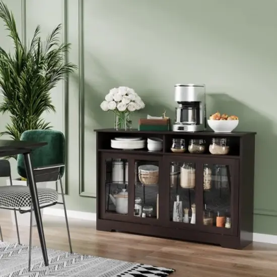 HOMCOM Sideboard Buffet Cabinet, Coffee Bar Cabinet,Credenza with Sliding Glass Doors, Cupboard and Adjustable Shelf, Dark Brown image {2}
