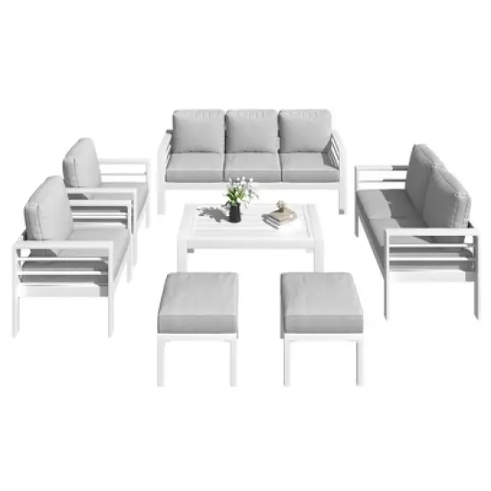 COWLOWN 7 Piece Light Gray Modern Aluminum Outdoor Patio Furniture Set, Coffee Table and Light Gray Cushions, Ideal for Balcony, Porch, Yard and Lawn image {6}