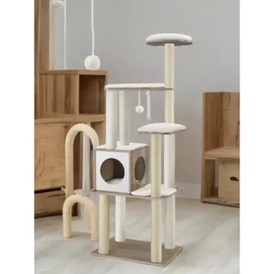 65-Inch Cat Tree for Indoor Cats - Modern Multi-Level Cat Tower with 5 Scratching Posts, Perch, and Washable Cushions - Cat Furniture by WoodyWonders image {2}