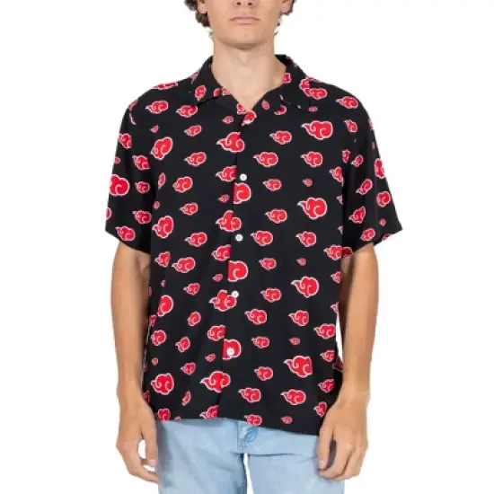 Naruto Shippuden Akatsuki Cloud Pattern Short Sleeve Button Down Men's Black Woven Top image {5}