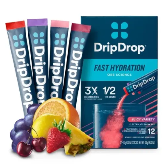 DripDrop Hydration Powder Vegan Electrolyte Supplements - Juicy Variety - Fruit Punch, Grape, Strawberry Lemonade, Cherry - 0.35oz/12ct image {9}