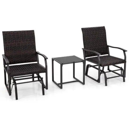 Tangkula 3 PCS Patio Gliding Set Wicker Swing Glider Furniture Set w/ Tempered Glass Coffee Table image {2}