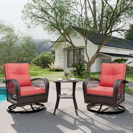 3 Pieces Outdoor Swivel Patio Rocking Chairs, Outdoor Wicker Patio Furniture, 2 Glider Chairs & Side Table, for Backyard, Garden, Balcony, Deck image {8}