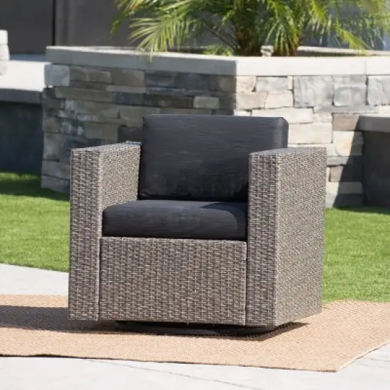 FIONECA Swivel Patio Chair with Cushions, Outdoor Single Rattan Chair with 360&iexcl;&atilde; Rotation, Mix Black Wicker / Dark Grey Cushion image {2}