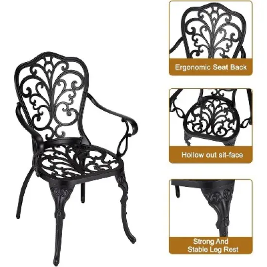 3-Piece Outdoor Bistro Set, All-Weather Cast Aluminum Patio Table+Chairs w/Umbrella Hole for Yard, Garden, Balcony, and Poolside Use image {6}