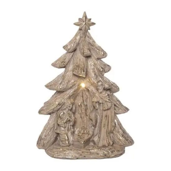 Transpac Light Up Gold Tree with Holy Family Tabletop Sculpture Battery Operated Prelit Christmas Decoration Indoor Gift image {1}