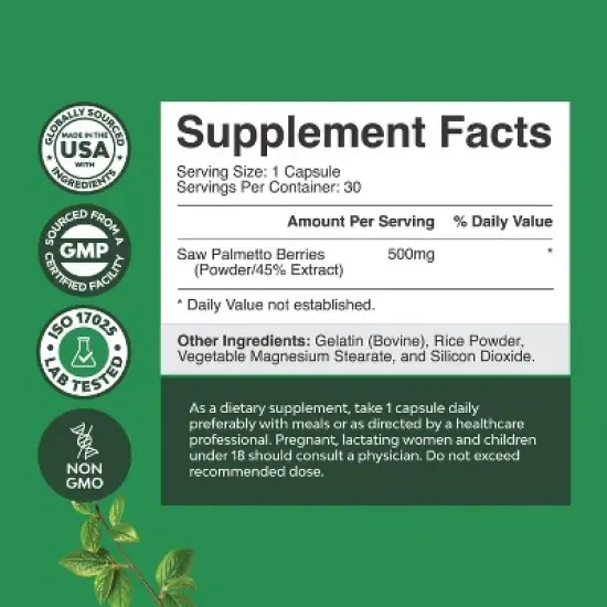 Saw Palmetto Capsules, Advanced Hair Health and Urinary Support with Plant Sterols & Flavonoids, Nature's Craft, 30 ct image {2}