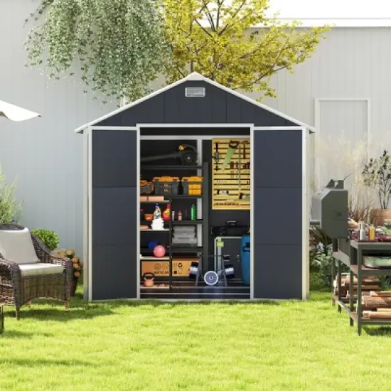 8*8ft resin storage shed, high quality pp material, strong structure, waterproof, rust and UV proof, large storage space,12mm thick pp board,Dark gray image {7}