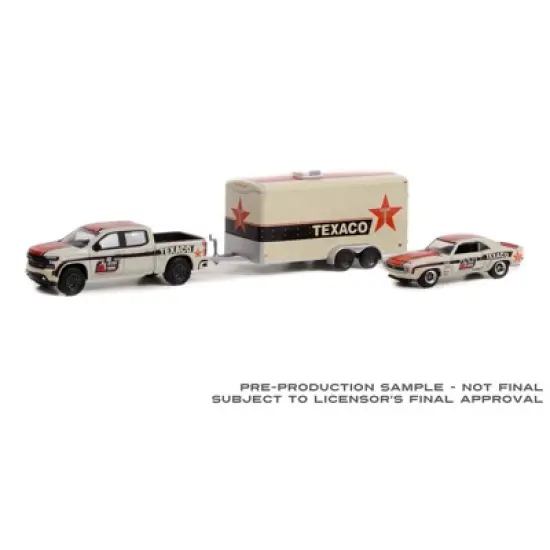 Greenlight Collectibles 1/64 2021 Chevrolet Silverado & 1969 Camaro RS with Enclosed Car Hauler, Texaco 18, 2021 Optima Street Car Champ 31140-C image {1}