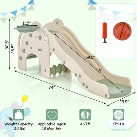 Costway 3-in-1 Toddler Slide with Buffer Zone Basketball Hoop & Ball Elephant Design image {2}