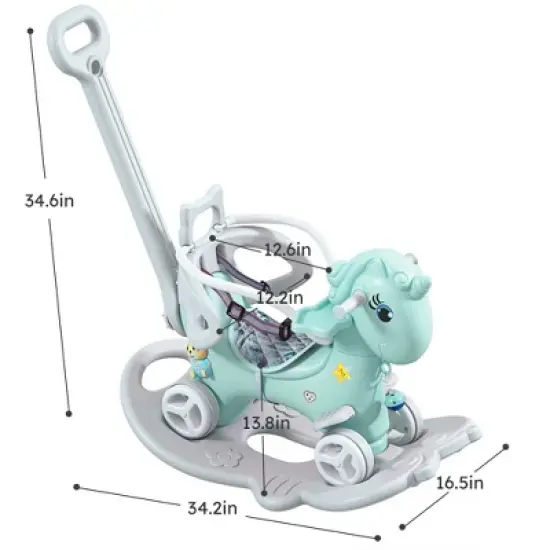 Lirago Blue Unicorn Rocking Horse Stroller 4-in-1 Ride On Toy with Push Handle Balance Bike and Board Gift for 1-3 Year Old Baby image {4}