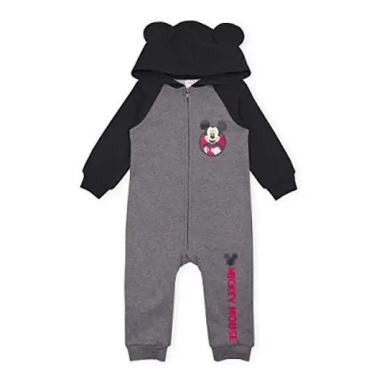 Disney Baby Boy's Mickey Mouse Graphic Printed Long Sleeve Zip Up Jumpsuit Coverall with Hood and 3D Ears for infant image {3}