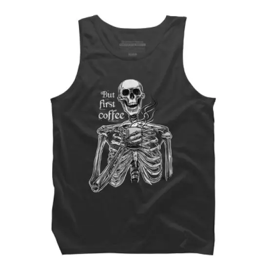 Men's Design By Humans Halloween skeleton drinking coffee. But first coffee By melazergDesign Tank Top image {3}