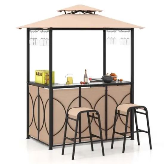 Costway 3 PCS Patio Bar Set with Tempered Glass Bar Table Metal Storage Shelves for Garden Brown/Grey image {10}