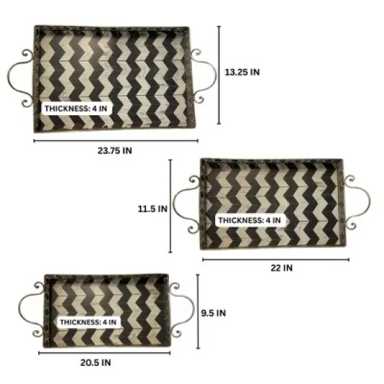Essential Decor & Beyond Decorative Rectangular Metal Tray With Handle:  Black and White Chevron Pattern - 3PC image {1}