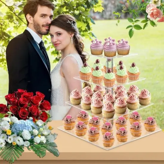 Hachikiko 4-Tier Square Cupcake Stand with LED Lights, Premium Acrylic Dessert Display Tower for Parties Weddings Events image {2}