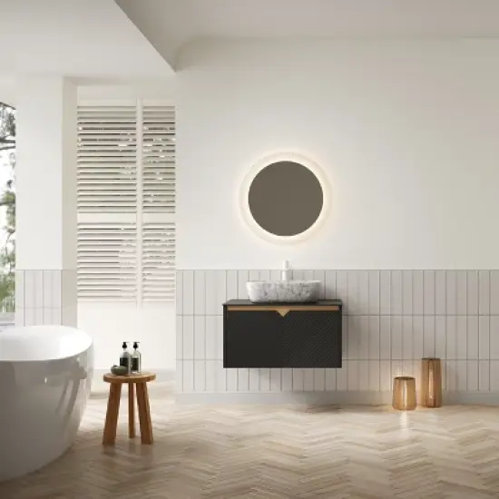 Bathroom Vanity&Sink, Floating Plywood Storage Cabinet,  Marble Pattern Ceramic Vessel Basin&Carrara White Sintered Stone Top image {4}