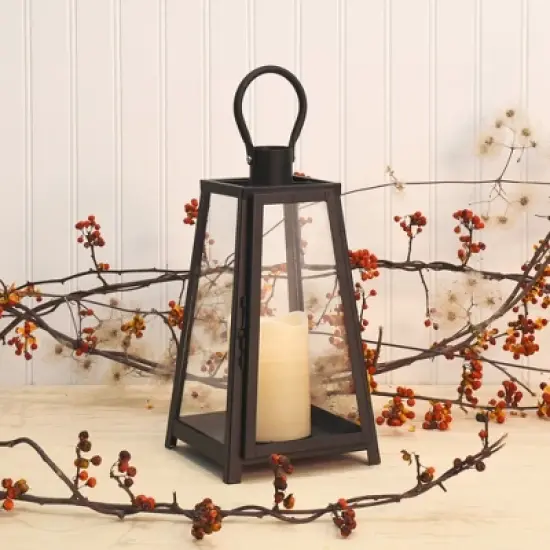 LumaBase Metal Lantern with Battery-Operated Candle - Black Tapered image {3}