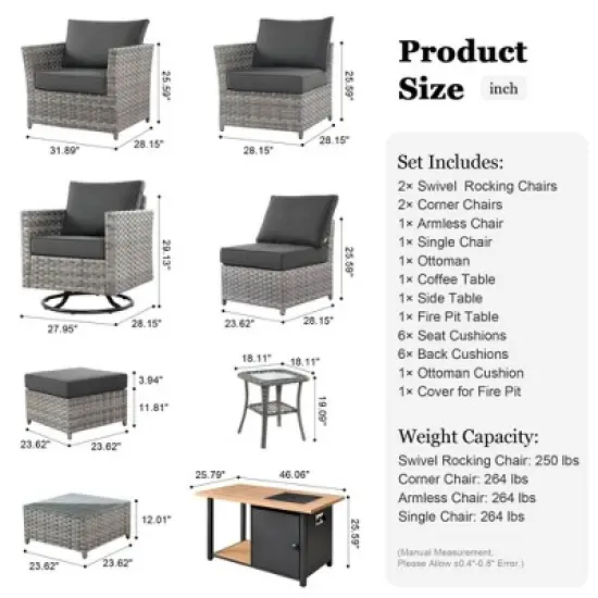 Ovios Tenaya 10pc Wicker Outdoor Patio Furniture Set Conversation Sofa with a Storage Fire Pit, Swivel Chairs and Cushions image {2}