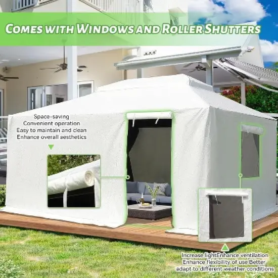 DOMETOUR 12'x20' Universal Waterproof Gazebo Cover with Sidewalls & Mesh Windows, All-Season Enclosure for Hardtop Gazebos, White image {2}