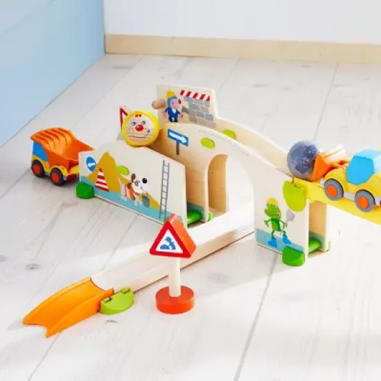 HABA Kullerbu at The Construction Site Play Track - 13 Piece Starter Set with 2 Vehicles and Ball Drop - Ages 2 and Up image {2}