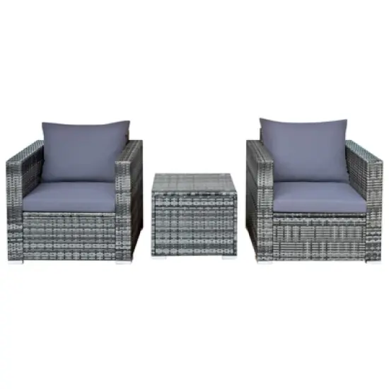 Tangkula 3-Piece Patio Wicker Conversation Set Bistro Rattan Sofa Chair with Washable Cushion Gray image {9}